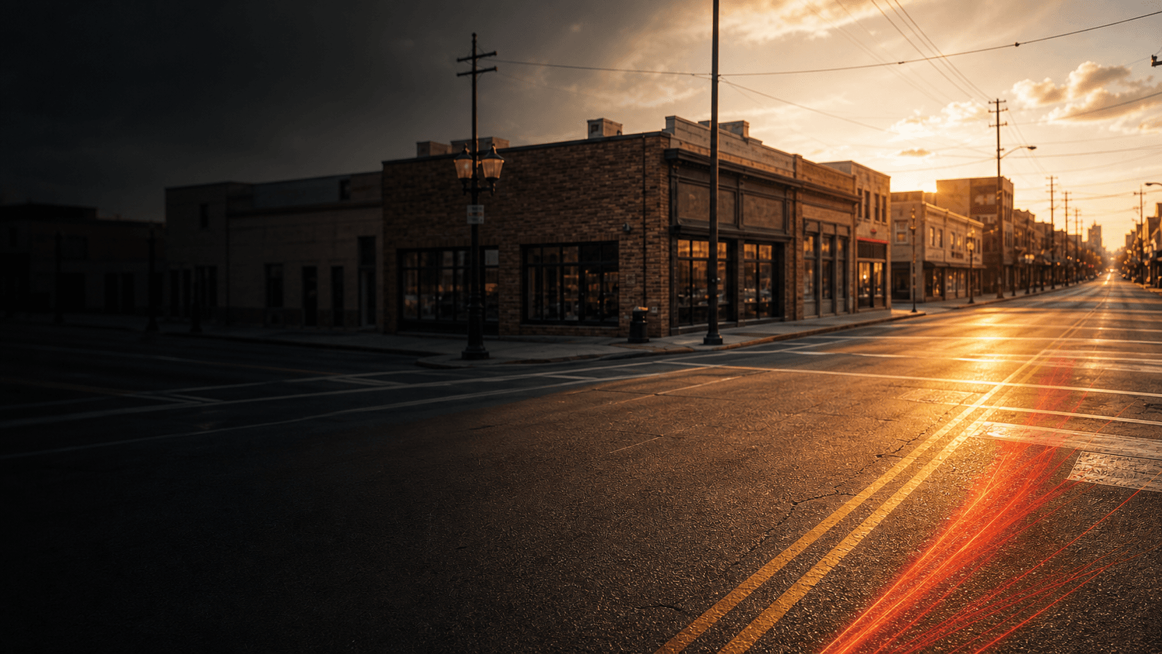 An urban commercial street at golden hour
